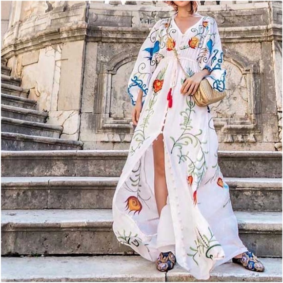 Boho Embroidered Hearts Floral Birds Long Maxi Kimono Dress - Picture 1 of 15